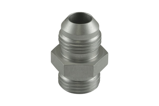 Turbosmart -8AN flare to -8AN ORB male straight fitting, clear metal, used in automotive fuel and oil line connections.