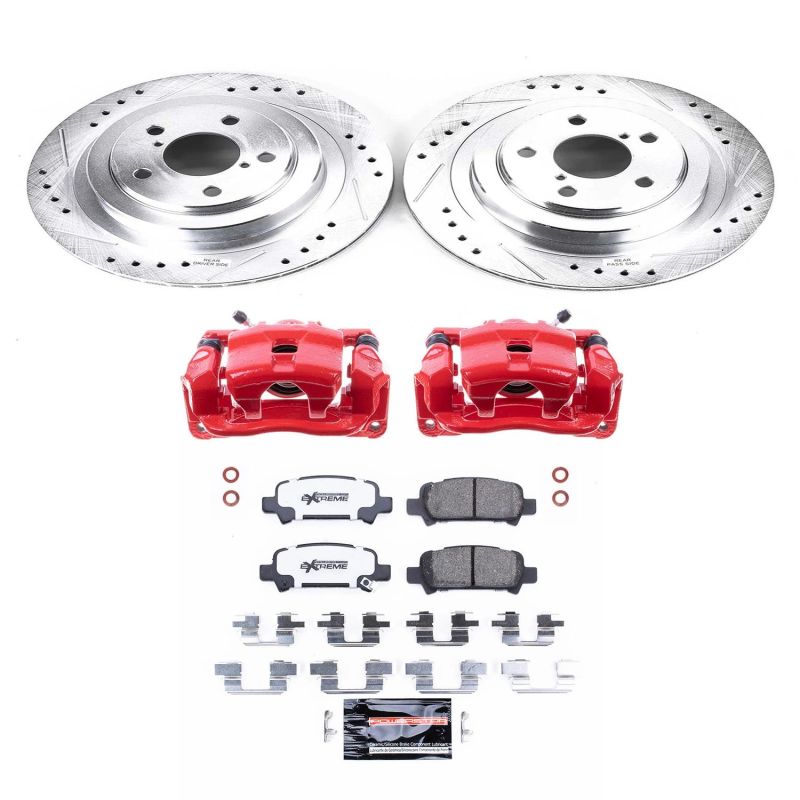 PowerStop rear Z26 Street Warrior brake kit with calipers for 2005-2009 Subaru Legacy, showcasing brake rotors and calipers.