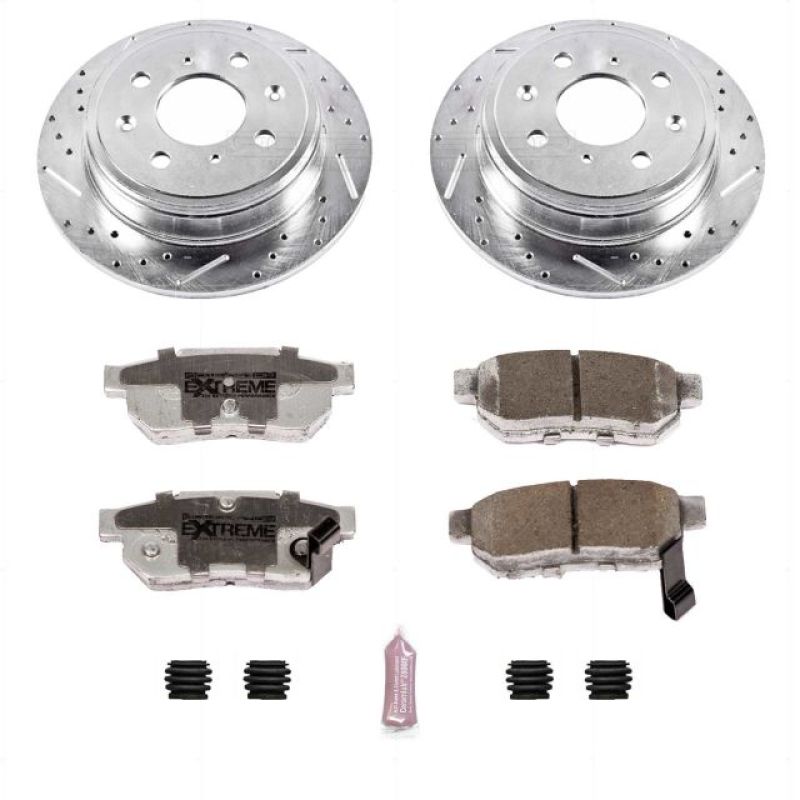 PowerStop Z26 Street Warrior brake kit for Acura Integra rear, performance brake parts with rotors and calipers installed.