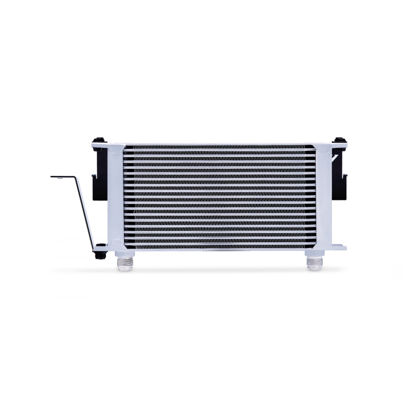 Mishimoto silver thermostatic oil cooler kit for 2014-2016 Ford Fiesta ST, showing the compact oil cooler with mounting brackets.