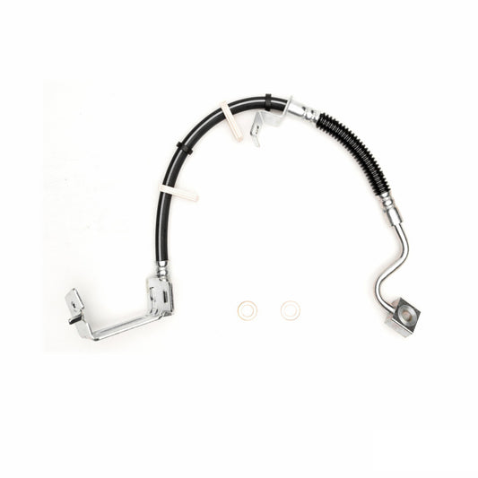 DFC Ford Mustang 13-14 front-left brake hose from brake line kit, showing the flexible rubber and metal fittings.