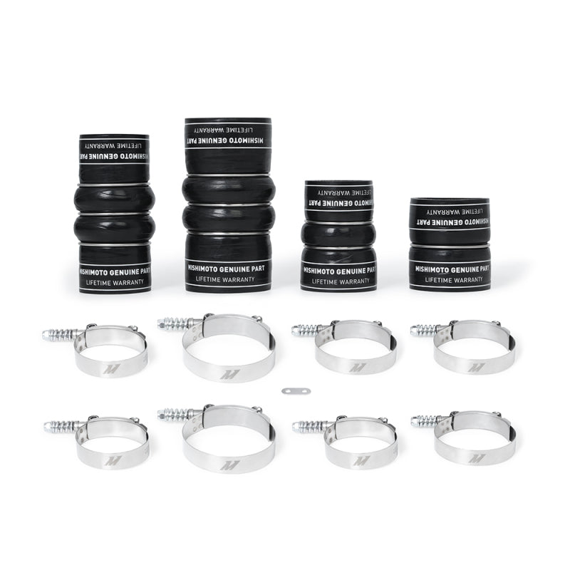 Mishimoto silicone couplers and hoses for 17-19 GM 6.6L Duramax L5P factory-fit boot kit, detailed view of high-quality engine parts