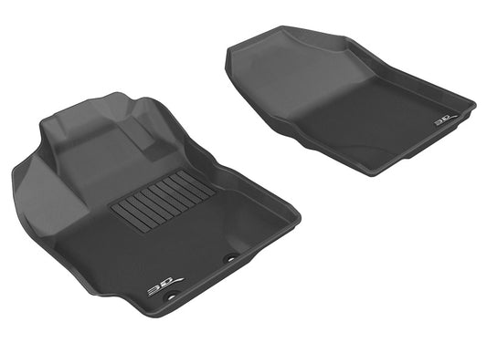 Black 3D MAXpider rubber front floor mats for 2012-2018 Toyota Yaris and Scion XD, featuring textured surface and custom fit