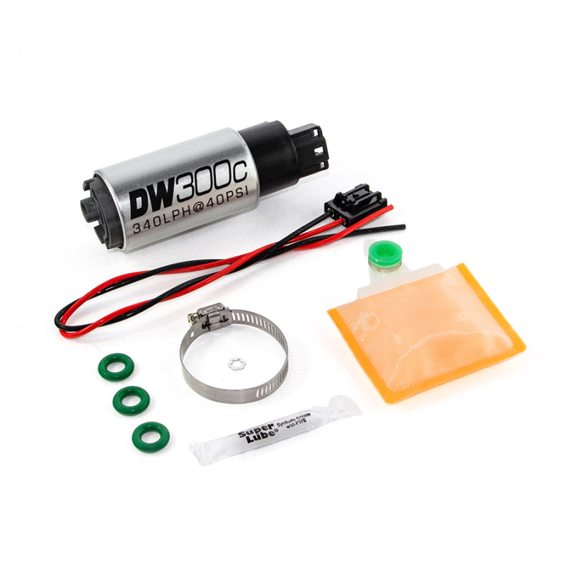 DeatschWerks 340lph DW300C compact fuel pump for Ford Focus MK2 RS with setup kit, showing the pump and included components.