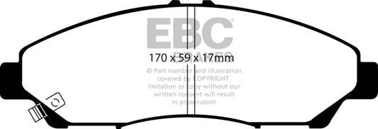 EBC 14+ Acura RLX 3.5 Hybrid Redstuff front brake pads for high-performance braking system, shown installed on vehicle.