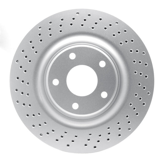 DMC 05-13 Cadillac XLR front drilled brake rotor with high-carbon alloy and Geomet coating, showcasing drilled vented design.