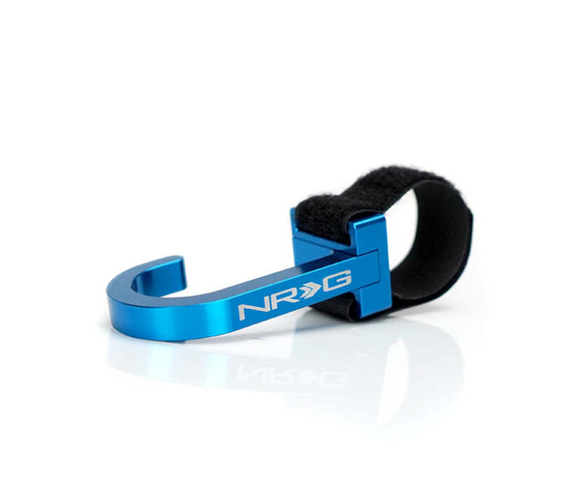 NRG blue CNC aluminum steering wheel hook with laser logo, designed for car steering wheel accessories.