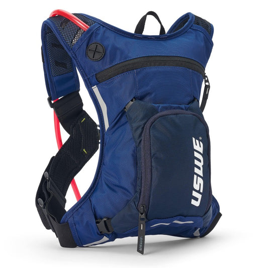 USWE Moto Hydro Hydration Pack 3L in Factory Blue with adjustable straps and hydration bladder for motorcycle riding.