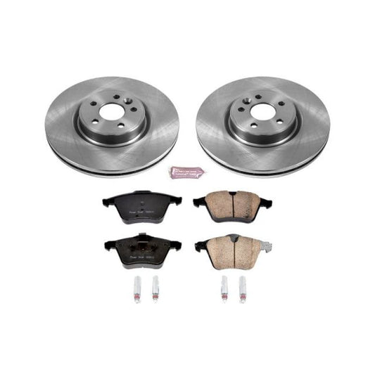 PowerStop OE brake kit for 2015-2018 Volvo S60 front brakes, including rotors and pads, installed on vehicle.
