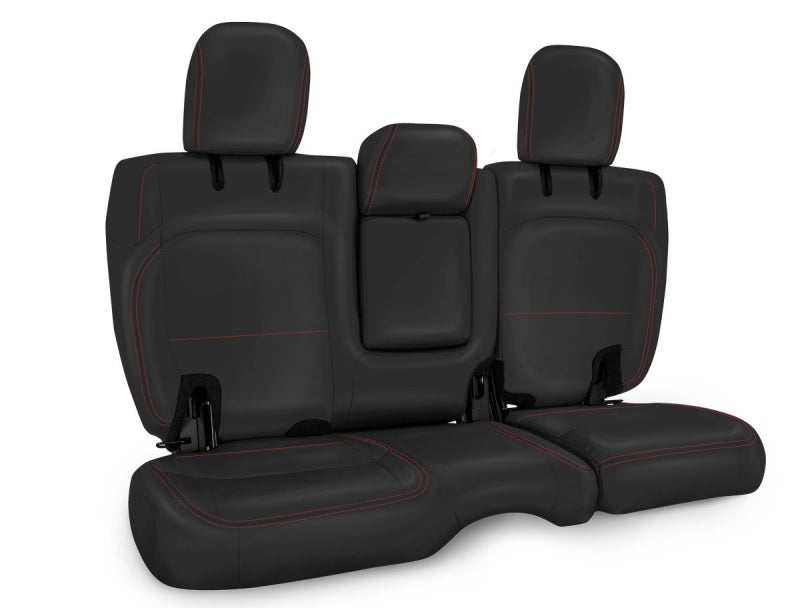 PRP Seats black leather rear bench seat cover with red stitching for Jeep Wrangler JLU 4-door, designed for Jeep interior protection.