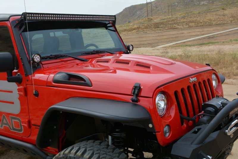 DV8 Offroad Jeep Wrangler JK metal heat dispersion hood in primer black, showcasing the rugged design and durable construction.