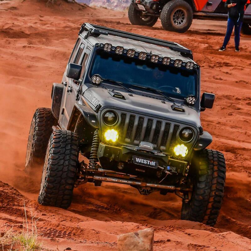 Westin Jeep Wrangler JL Unlimited Mesa Roof Rack mounted on the roof of a Jeep, showing durable metal construction and installation details.