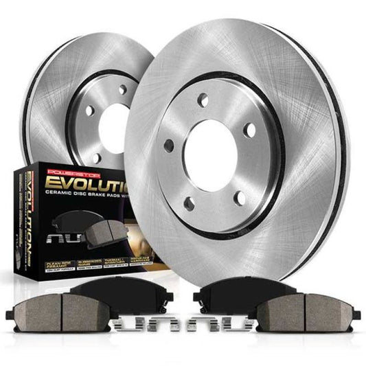 PowerStop OE front brake kit for Audi A6 Quattro with brake rotors and calipers, shown in a close-up view.