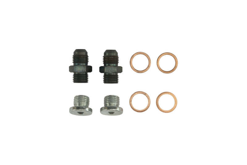 Turbosmart water-cooled turbo fitting kit with metal fittings and hoses, designed for automotive turbo systems.