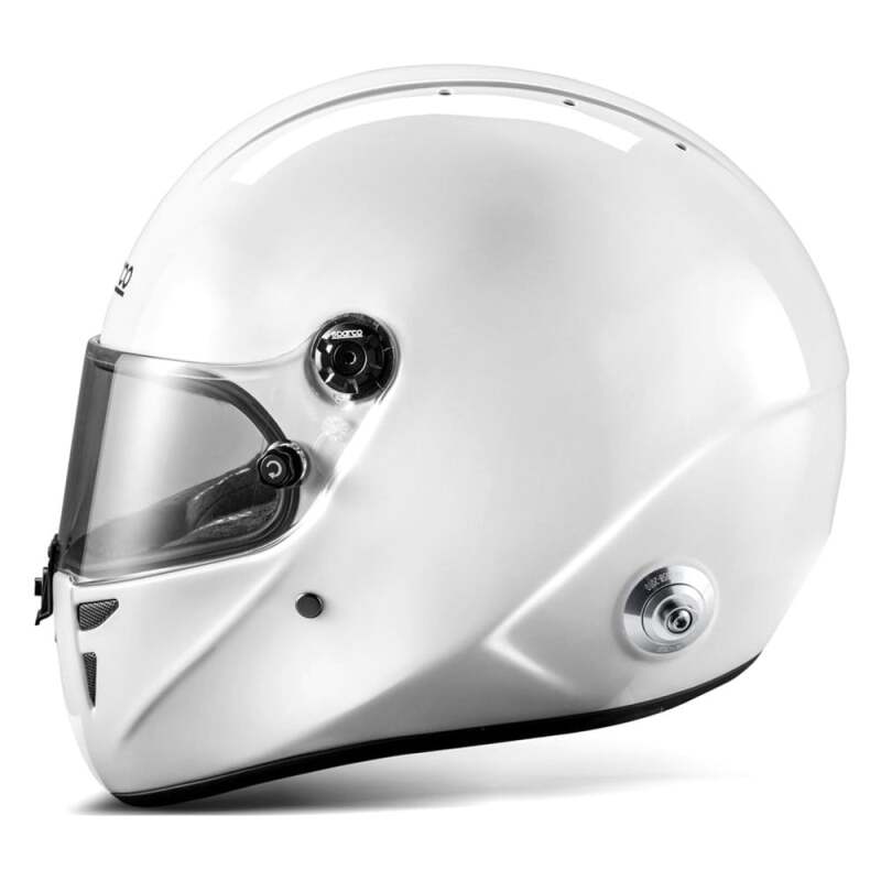 SPARCO Stealth RF helmet in white and black, X small size, showing front view with sleek aerodynamic design.