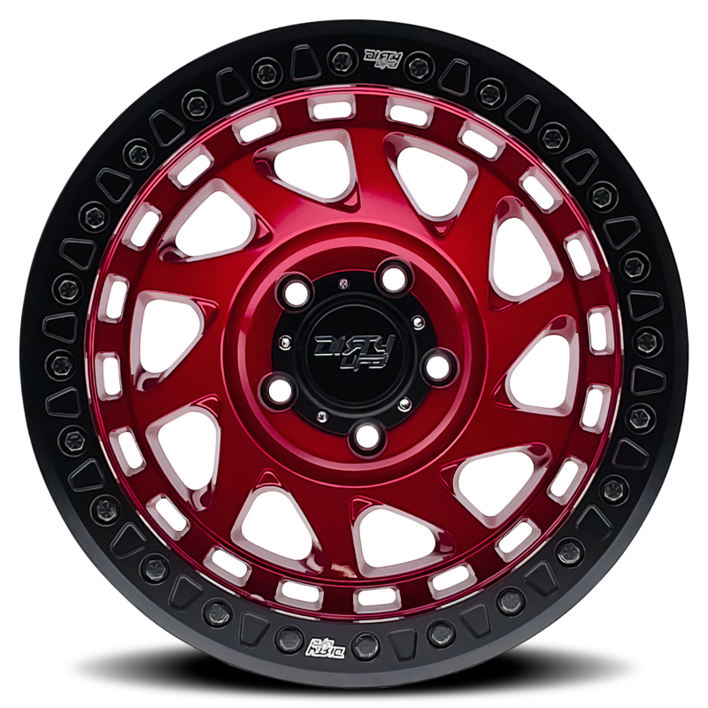 Dirty Life Enigma Race 17x9 crimson red cast wheel with 6x139.7 bolt pattern, -12mm offset, 106mm hub for off-road vehicles.