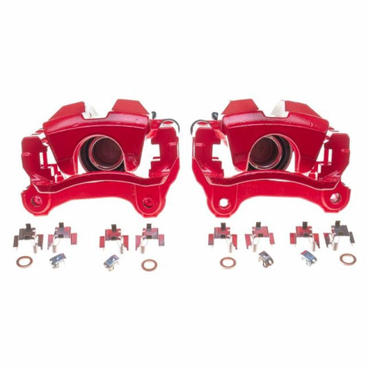 Pair of red PowerStop brake calipers with brackets for Lexus GS350 rear, performance brake calipers for enhanced stopping power.