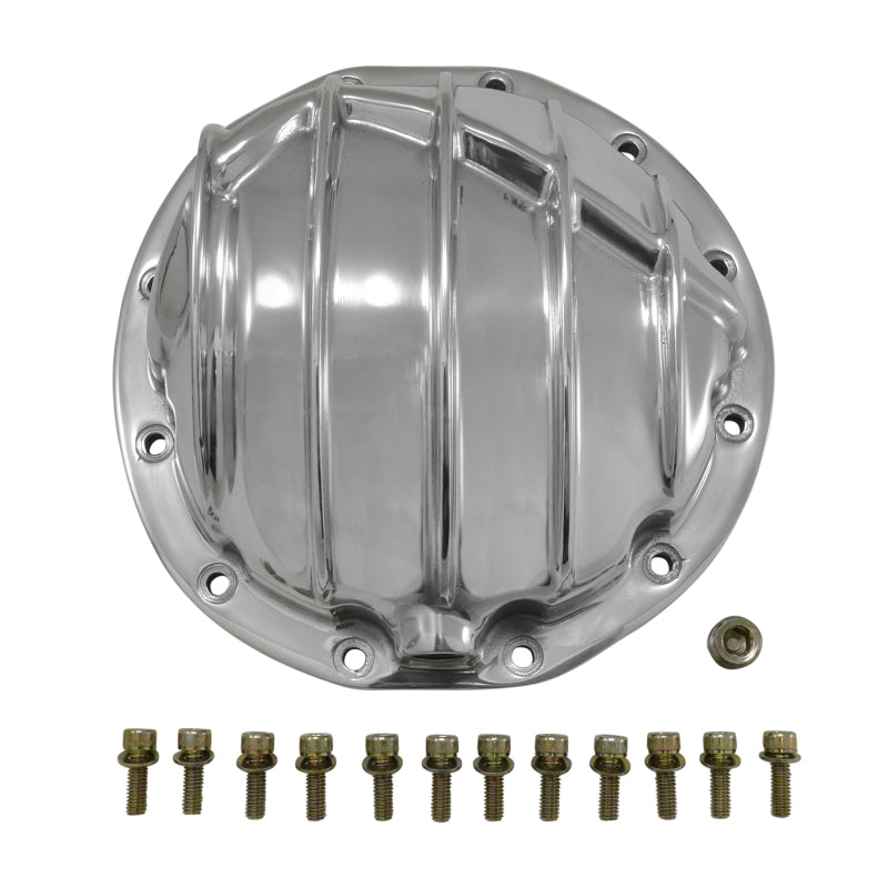 Polished aluminum Yukon Gear GM 12 bolt differential cover, durable car diff cover for enhanced protection and style.