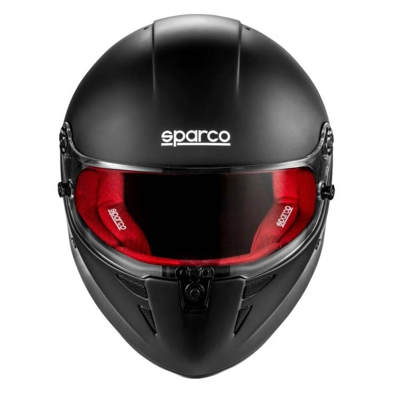 SPARCO Stealth RF helmet in medium/large, matte black and red, featuring aerodynamic design and ventilation for racing or riding.