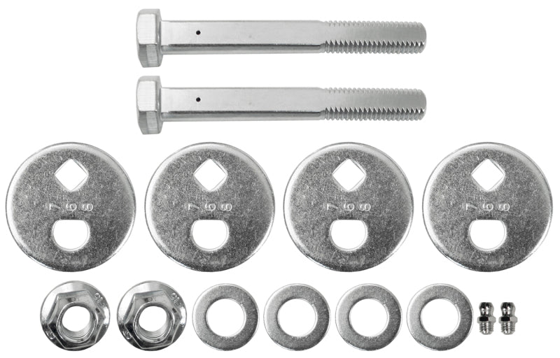 Moog front caster and camber shim for 2001 Ford Explorer Sport suspension alignment, shown installed on vehicle wheel assembly.