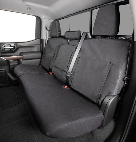Covercraft Endura waterproof polyester seat covers for second row seats, custom fit, designed to protect car seats from moisture and wear.