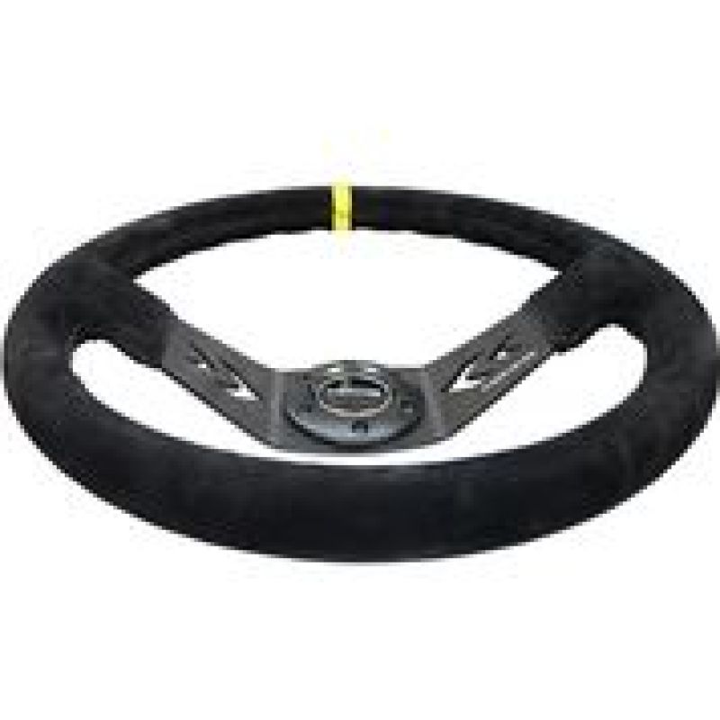 NRG reinforced 350mm black suede steering wheel with arrow cut 2-spoke design, yellow mark and deep 3-inch diameter for racing cars
