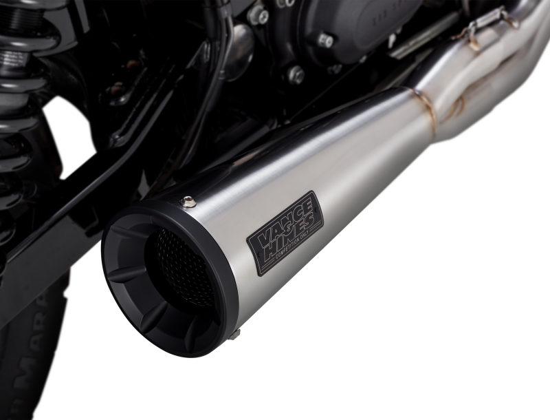 Vance & Hines HD Dyna 91-09 Upsweep SS 2-1 full system exhaust for powersports motorcycles, showing the polished stainless steel pipes.