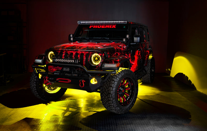 Oracle Lighting LED illuminated wheel rings with ColorSHIFT technology, showcasing vibrant, color-changing light strip on a vehicle wheel