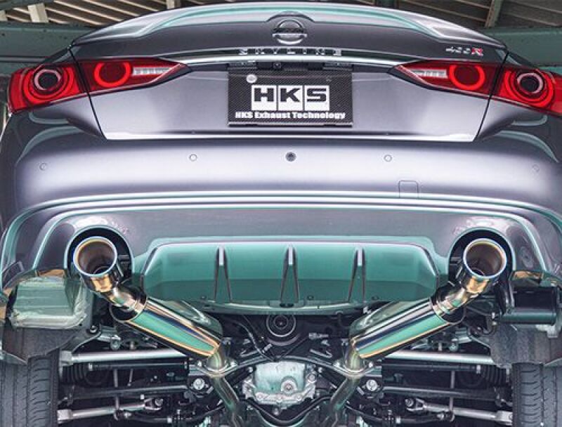 HKS Legamax Premium Sports catback exhaust system with 5BA-RV37 400R main pipe, showcasing polished stainless steel construction.