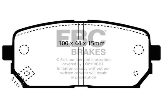 EBC Ultimax2 rear brake pads for Kia Rondo 2007-2010 2.4L, OE style, showing the brake pad set with metal backing plates.