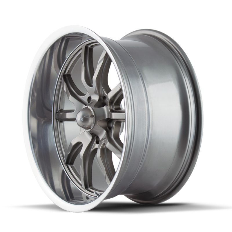Ridler 650 18x8 cast wheel in gloss grey with polished finish, 5x114.3 bolt pattern, 0mm offset, 83.82mm hub.