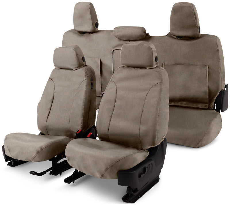 Covercraft waterproof taupe front row seat covers designed for Mercedes-Benz Sprinter 19-26 models, custom fit and durable.