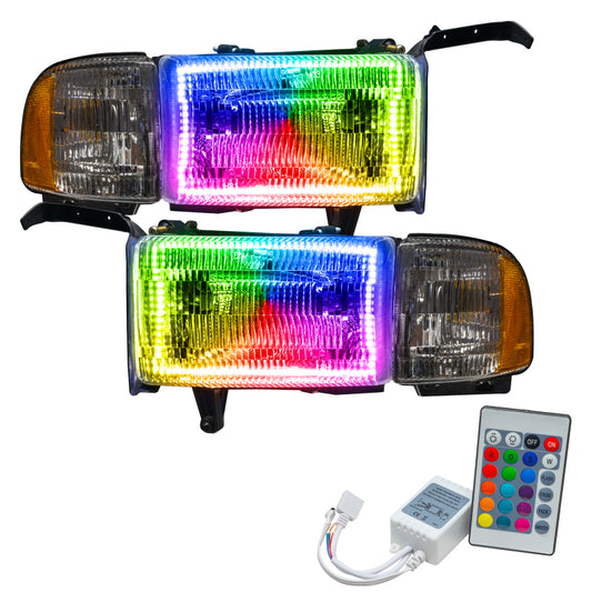 Oracle Lighting Dodge Ram 94-02 halo headlights with ColorSHIFT LEDs and simple controller, showcasing the pre-assembled headlight assembly.