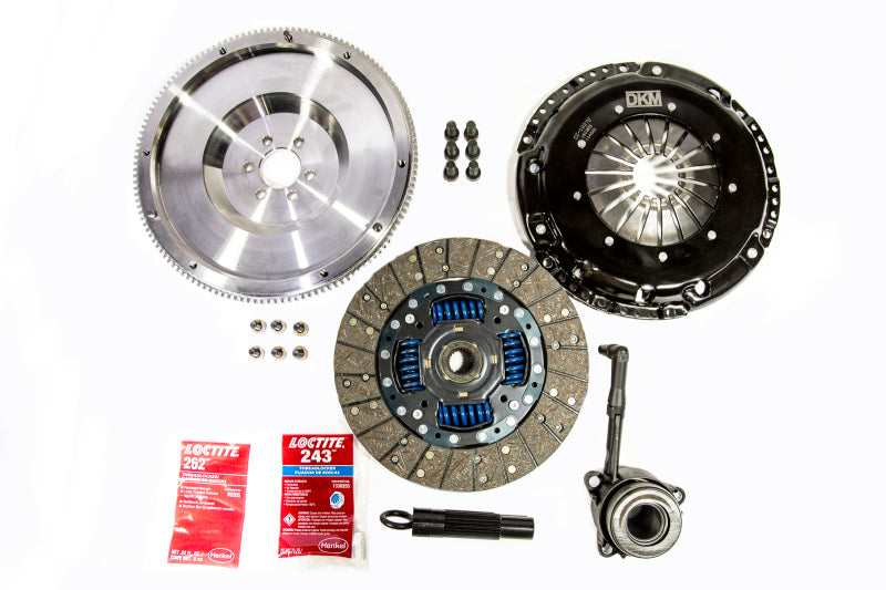 DKM Clutch kit for VW GLI 1.8T with sprung organic clutch, steel flywheel, designed for 440 ft/lbs torque, 6-speed manual.