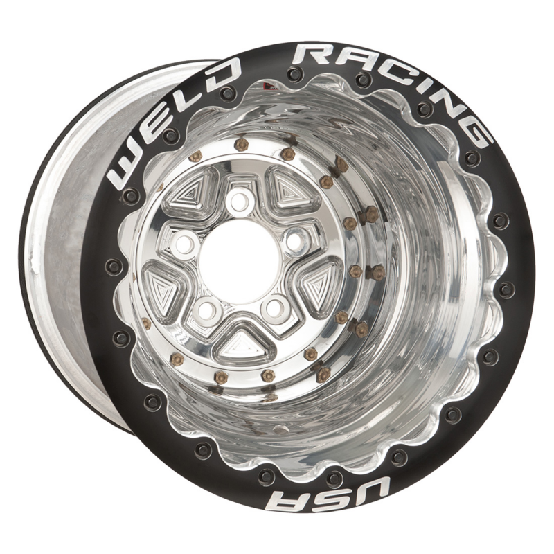 Weld Alumastar Pro forged 16x18 wheel with polished center, shell, and double beadlock design for racing or high-performance vehicles.