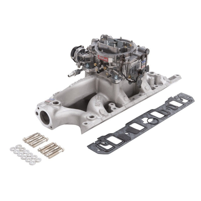 Edelbrock Performer RPM Air-Gap intake manifold and carb kit for small block Ford 289-302 engines in natural finish.