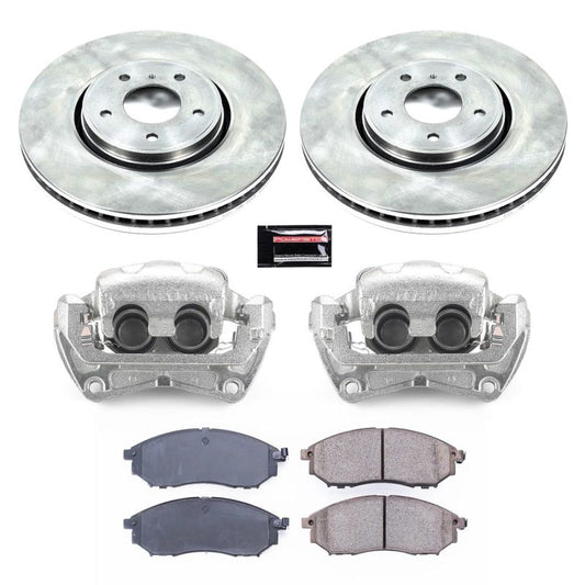 PowerStop OE brake kit with calipers for 2014 Infiniti QX70 front suspension, includes brake pads and hardware.