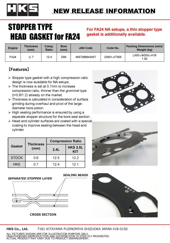 HKS FA24 head gasket stopper type with 0.7mm thickness, designed for engine sealing and durability in high-performance vehicles.