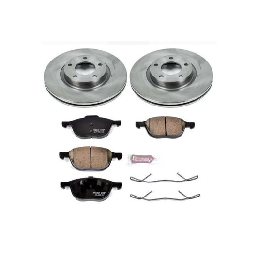 PowerStop OE front brake kit for Mazda 3 (2004-2013), includes brake rotors and pads with automotive-grade components.