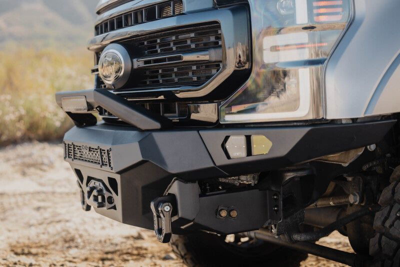Steel front bumper for Ford Super Duty F-250/F-350 from DV8 Offroad Spec Series, featuring durable construction and off-road design.