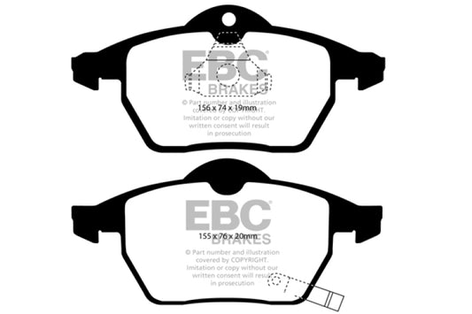 EBC Greenstuff front brake pads for Saab 9-3 2.0 Turbo, performance brake pads with green friction material and metal backing plate.