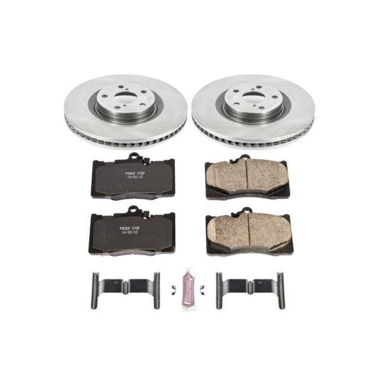 PowerStop OE front brake kit for Lexus GS350 2009-2011, including brake rotors and pads, installed on the vehicle.