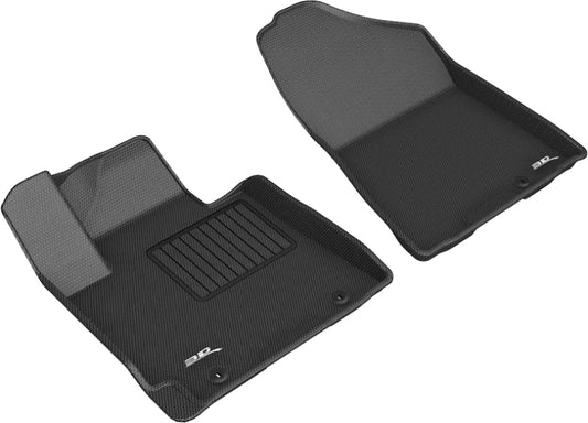 Black rubber 3D MAXpider Kagu floor mat for the first row of 2019-2020 Hyundai Tucson, featuring custom fit and textured surface.