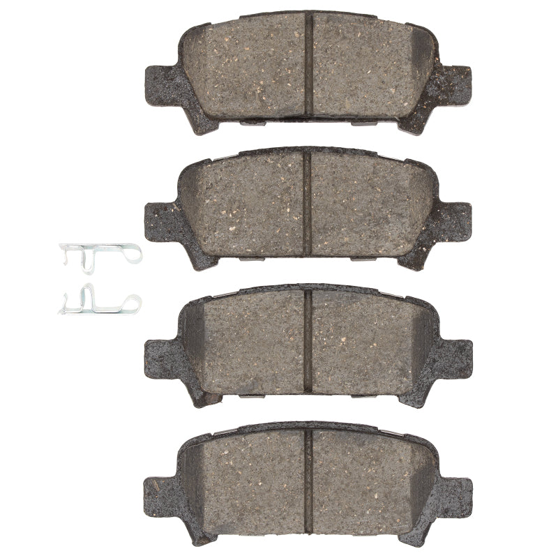 Rear semi-metal brake pads for Subaru Outback 1998-2009 by R1 Concepts, showing the OE brake pad set with metal backing plates.