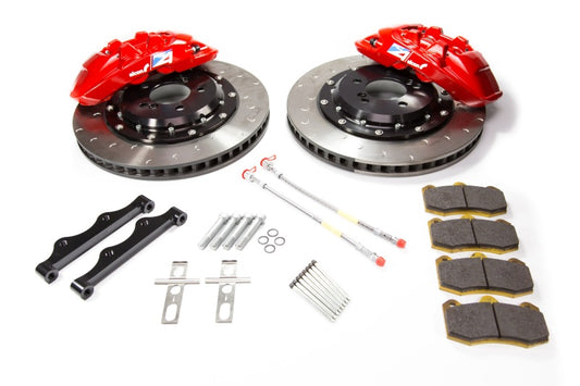 Alcon 2009+ Nissan GT-R R35 big brake kit with red 380x33mm rotors and four-piston calipers for rear axle upgrade.