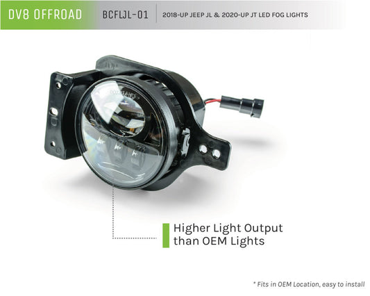 DV8 Offroad 18+ Jeep JL/Gladiator LED fog lights installed on vehicle, showcasing bright, durable lighting for off-road driving.