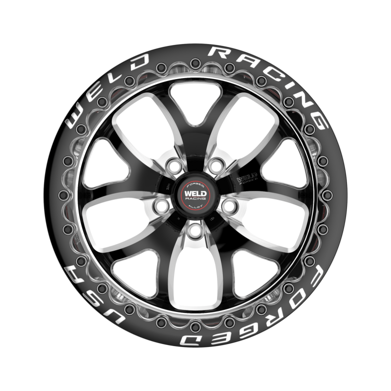 Weld S76 Beadlock 17x10 forged wheel with black center and polished shell, featuring 5x112 bolt pattern and 3.18 hub bore.