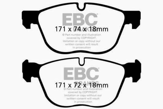 EBC Redstuff front brake pads for BMW X5 3.0, performance brake pads with red friction material, designed for enhanced stopping power.