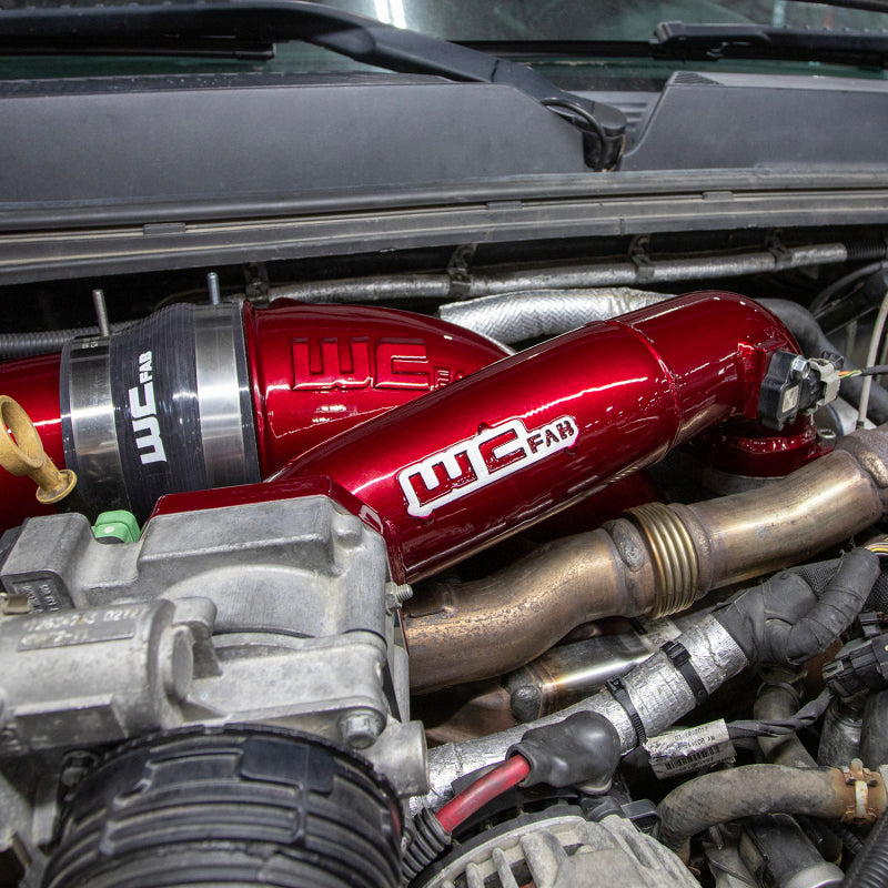 Wehrli 11-16 Duramax LML intercooler pipe kit in candy red, passenger side 3.5-inch intercooler pipe with smooth bends and fittings