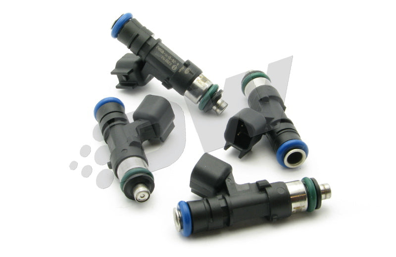 DeatschWerks Bosch EV14 48mm 50lb/hr fuel injector set for 4-cylinder engines, showing four high-performance injectors.